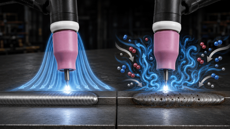 Diagram showing smooth and turbulent argon shielding gas flow around a TIG torch cup causing porosity problems