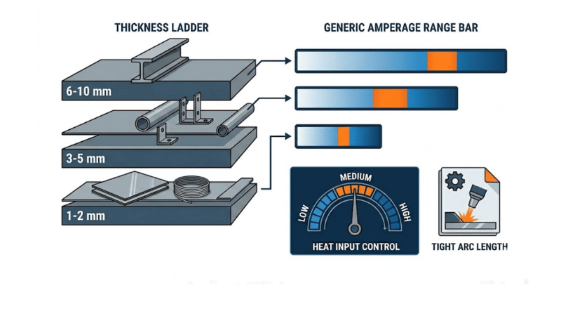 Visual chart linking thickness to amperage ranges and showing heat input control concept for Inconel GTAW