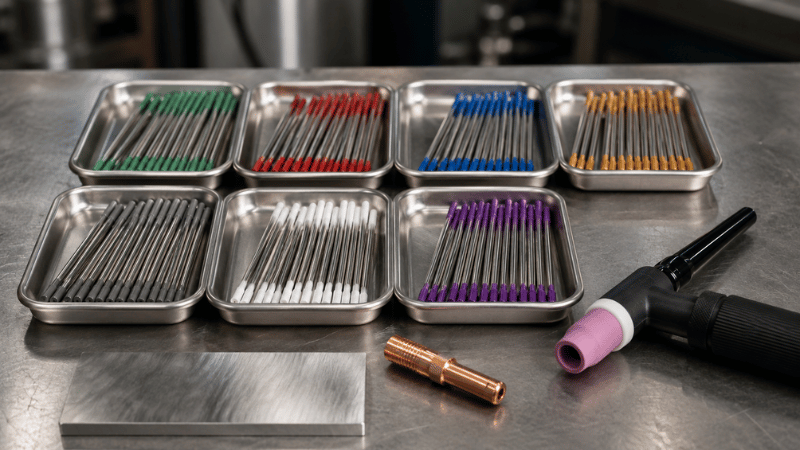 TIG tungsten colors indicate electrode composition, helping welders match tungsten to base metal and current type.