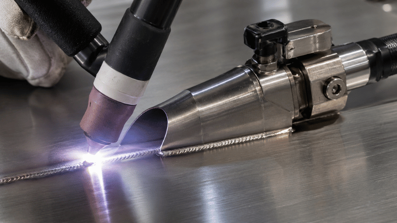 TIG torch with trailing shield welding titanium sheet to protect the hot weld bead during cooling