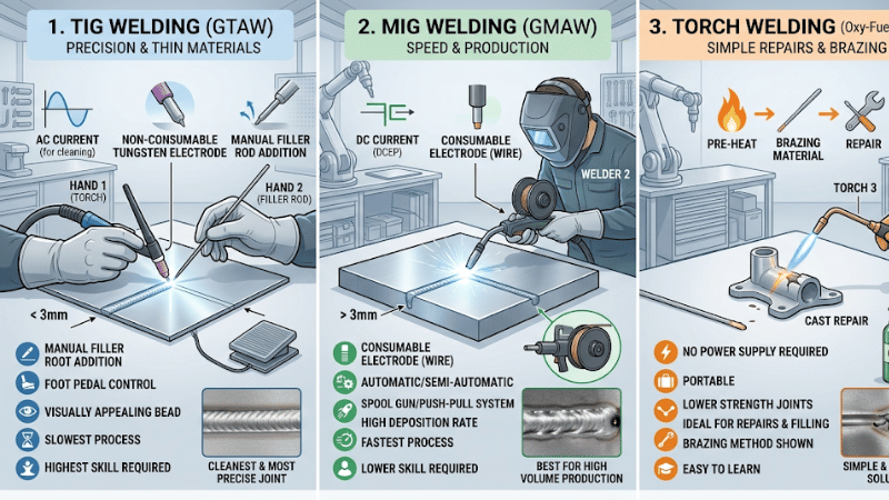 Comparison image of TIG welding, MIG welding, and torch welding aluminum showing use cases, weld quality, and process differences