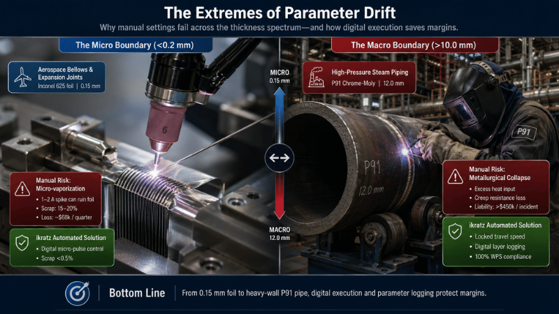 parameter drift welding, automated welding control, digital welding execution, Inconel 625 foil welding, P91 pipe welding, welding process stability, welding automation case study, micro pulse welding, parameter logging, industrial welding infographic