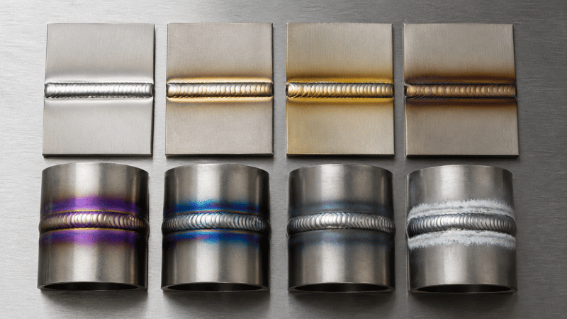 Titanium weld color chart showing silver straw gold blue gray and white oxidation results after TIG welding
