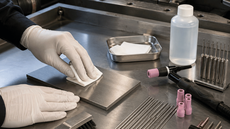 Gloved hands cleaning titanium plate before TIG welding with dedicated tools and lint-free wipe