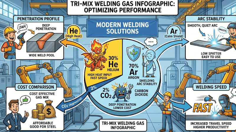 cartoon infographic showing tri mix welding gas ratios of argon helium and CO2 for stainless steel welding