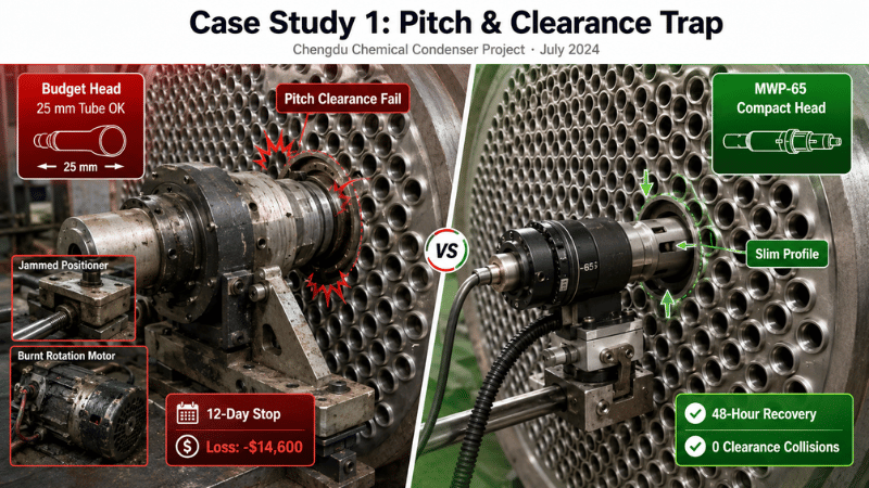 Comparison of an oversized tube-to-tubesheet welding head causing pitch clearance failure and the compact iKratz MWP-65 fitting a dense condenser tube layout.