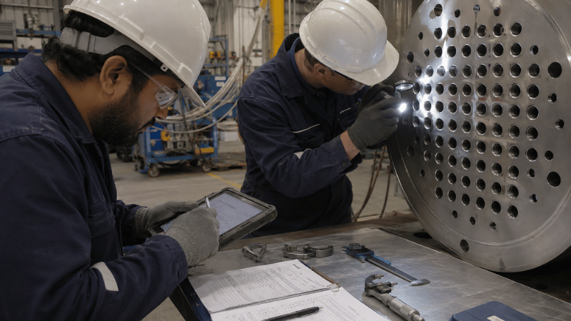 Welding engineer inspecting tube-to-tubesheet sample welds before heat exchanger production
