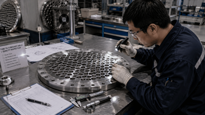 Engineer inspecting tube-to-tubesheet welds on a sample tubesheet in a manufacturing quality control setting