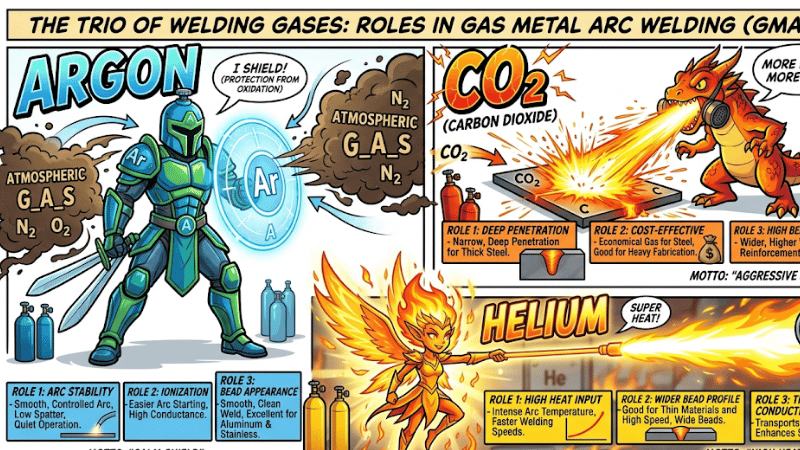 cartoon comparison of argon CO2 and helium welding gases showing arc stability penetration and heat input differences