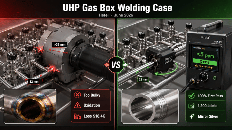Comparison of a bulky generic orbital welding head causing clearance collisions and weld oxidation with the compact MWF-12 and MWA-200 system achieving clean UHP welds.