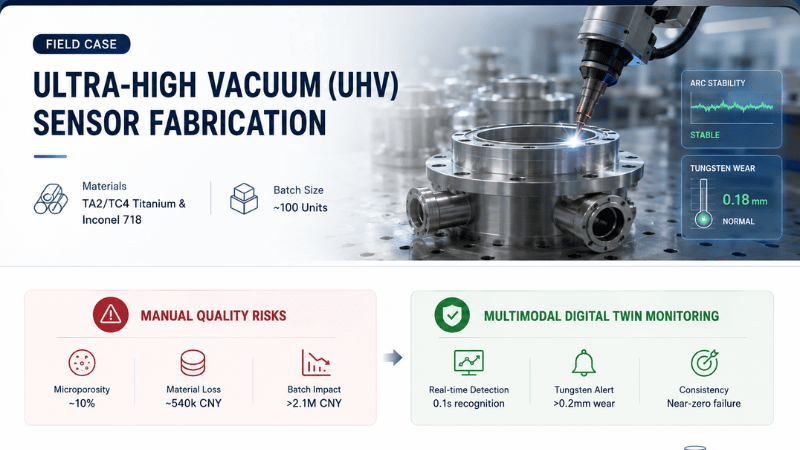 UHV sensor fabrication, ultra-high vacuum welding, digital twin monitoring, titanium welding, Inconel 718 welding, TA2 titanium, TC4 titanium, arc stability monitoring, tungsten wear detection, microporosity prevention, precision welding automation