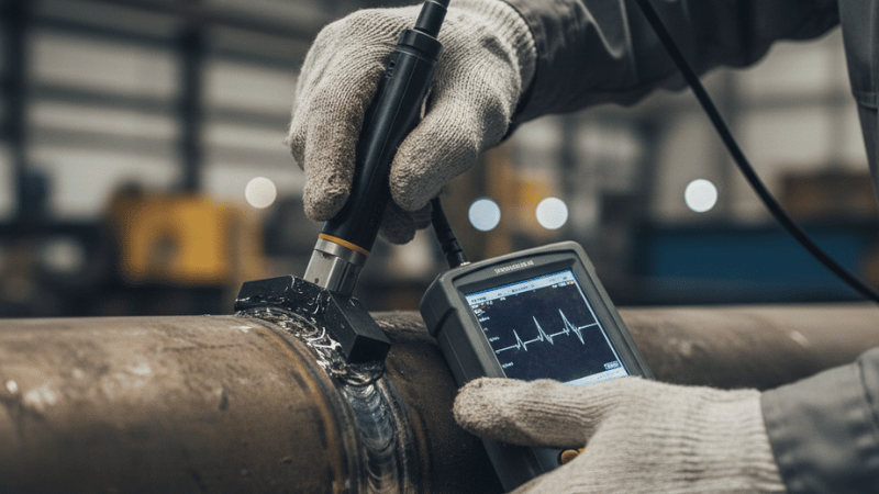 Technician performing ultrasonic testing of welds (UT) with an angle-beam probe on a pipe weld, indicating inspection for lack of fusion and cracks.