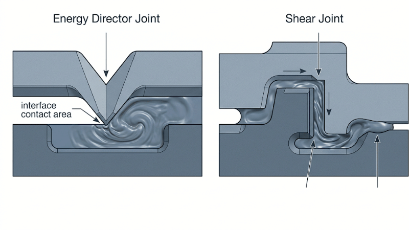 Ultrasonic weld joint design showing energy director and shear joint options for plastic parts