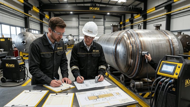 Engineer reviewing WPS and PQR documents beside a pressure vessel weld joint in a fabrication shop