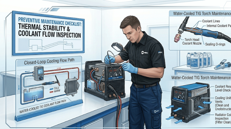 Water-cooled TIG welder cooling system inspection with coolant lines and airflow cleaning in a clean workshop