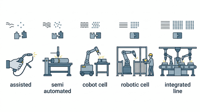 eft-to-right visual showing the welding automation spectrum from assisted welding to semi-automation, cobot cell, robotic cell, and integrated line.