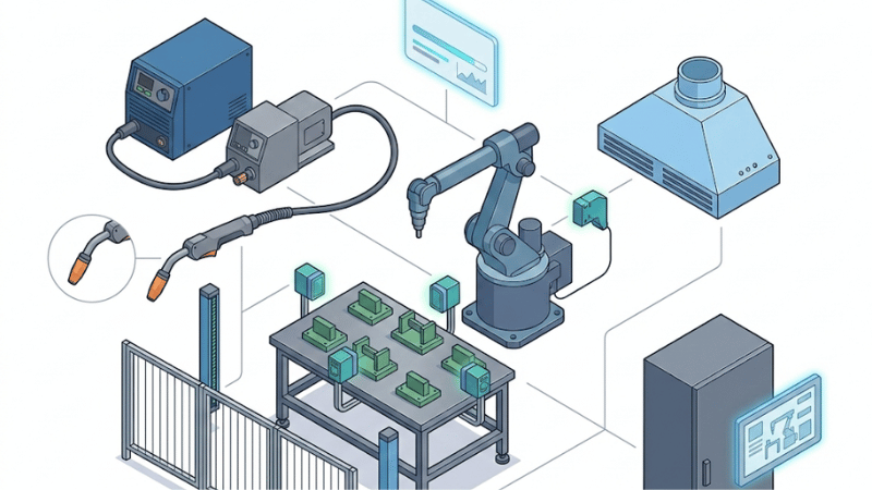 Exploded isometric view of a welding automation system showing power source, fixtures, positioner or robot base, sensors, safety devices, fume extraction, and controls.