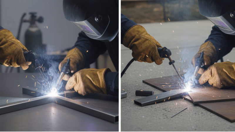 Four-panel photorealistic comparison showing MIG, flux-core, stick, and TIG welding setups with proper PPE in typical beginner-friendly scenarios.