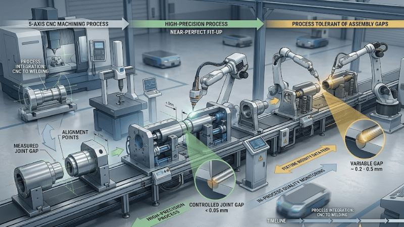 Industrial illustration showing part fit-up, gap tolerance, fixture precision, and automated welding integration in a manufacturing production line