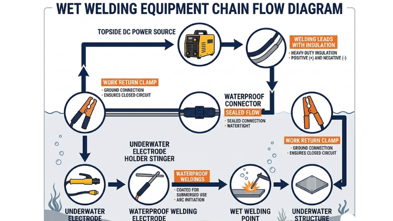Diagram showing underwater welding machine power source, insulated welding leads, waterproof connectors, stinger, and work return for wet welding equipment