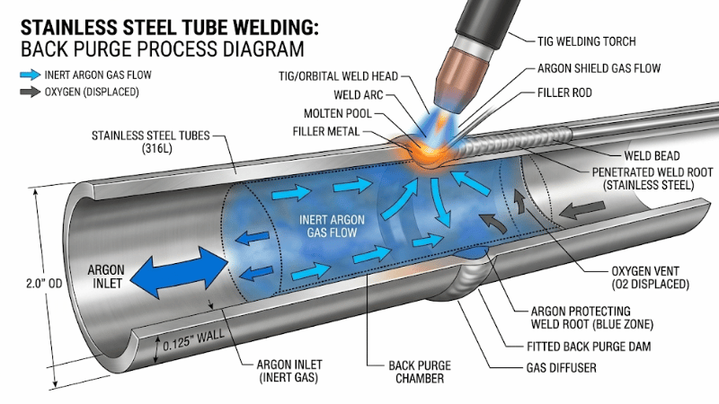 Technical cutaway illustration of back purge welding in stainless steel pipe, showing argon gas displacing oxygen to protect the weld root during welding.