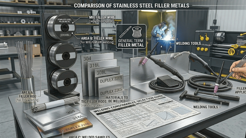 Stainless steel filler metal wire and rod used in TIG and MIG welding applications