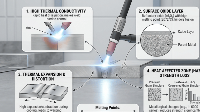 Technical illustration showing aluminum welding challenges including heat conductivity, oxide layer, distortion, and heat affected zone