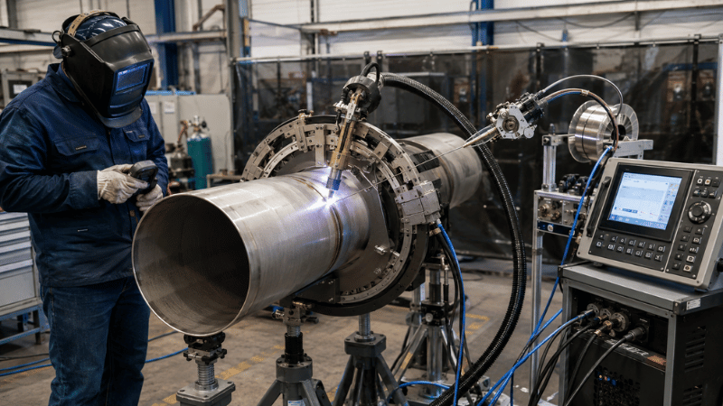 Open orbital TIG weld head adding filler wire to a prepared stainless steel pipe joint