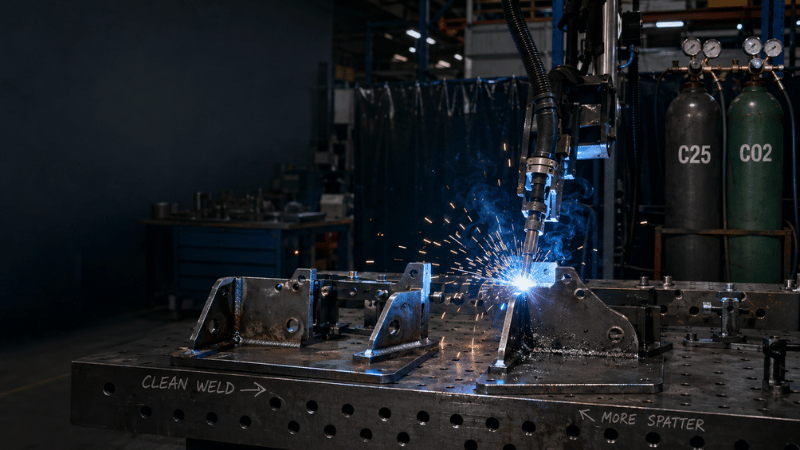 MIG welding station with C25 and CO2 gas cylinders showing how cheap welding gas can increase spatter, defects, and hidden costs.