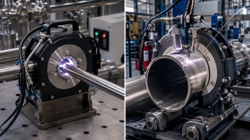 Closed-head orbital welder on small tubing compared with an open-head welder on a larger pipe.