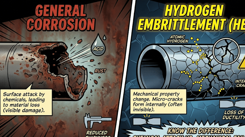 comic style comparison between surface corrosion and internal hydrogen cracking