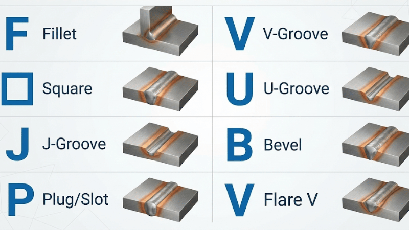 A chart showing the most common welding symbols and the physical weld types they represent.