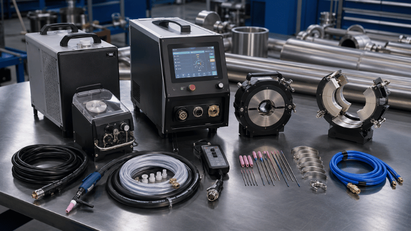 Complete orbital welding system with power supply, welding heads, cooling unit, cables, and tooling.