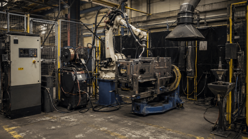 Complete robotic welding cell with robot, fixture, positioner, controls, guarding, and fume extraction.