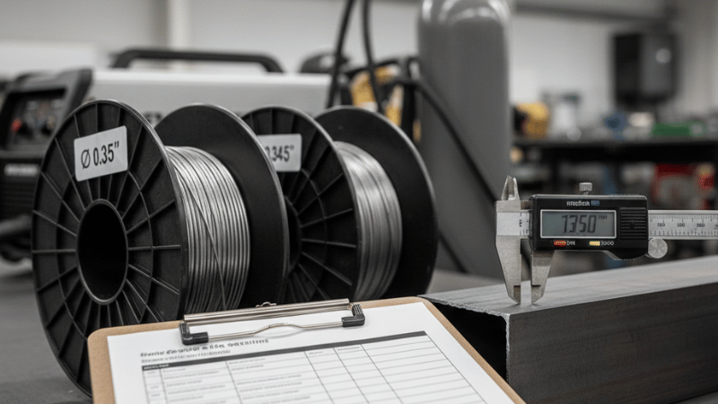 Printed mig welder settings chart on a clipboard beside measured metal thickness and welding equipment, showing how to select starting settings.