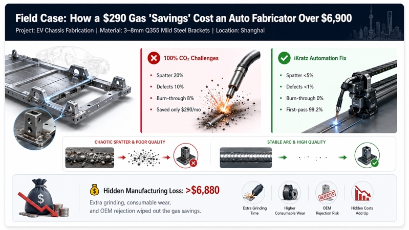 Infographic showing how switching from C25 shielding gas to 100% CO2 caused higher spatter, welding defects, burn-through, and over $6,880 in hidden manufacturing losses for an EV chassis fabricator, solved by iKratz automated welding and waveform control.