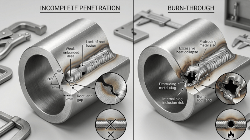 Pipe welding root pass defects showing incomplete penetration and burn-through on steel pipe joints