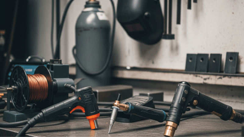 Photorealistic workshop cover showing MIG, TIG, and GMAW tools for a welding settings chart