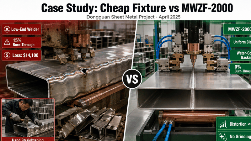 Comparison of a low-end longitudinal welder causing distortion and burn-through on 0.8 mm stainless steel ducts with the MWZF-2000 producing straight, clean seams.