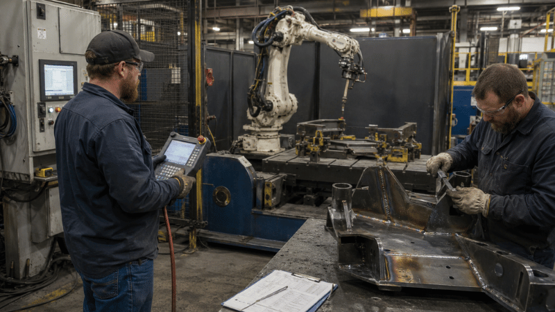 Automation engineer programming a robotic welding cell while a specialist inspects the finished weld.