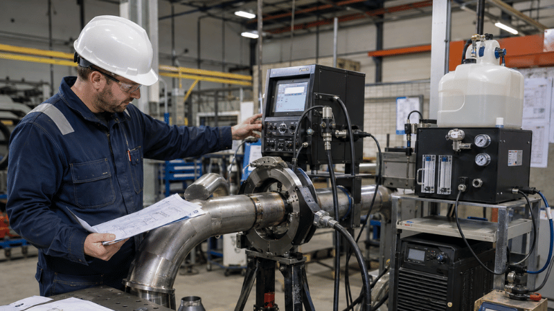 Engineer selecting an orbital welding machine based on pipe size and welding requirements