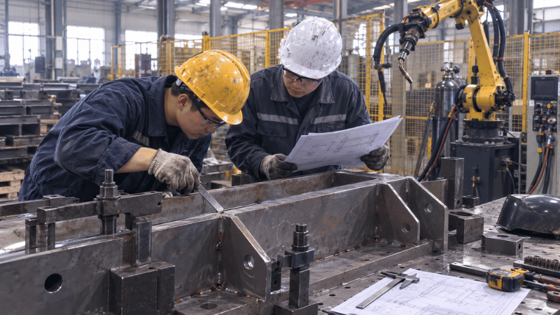 Engineer and welding technician checking steel-part fit-up before robotic welding automation.