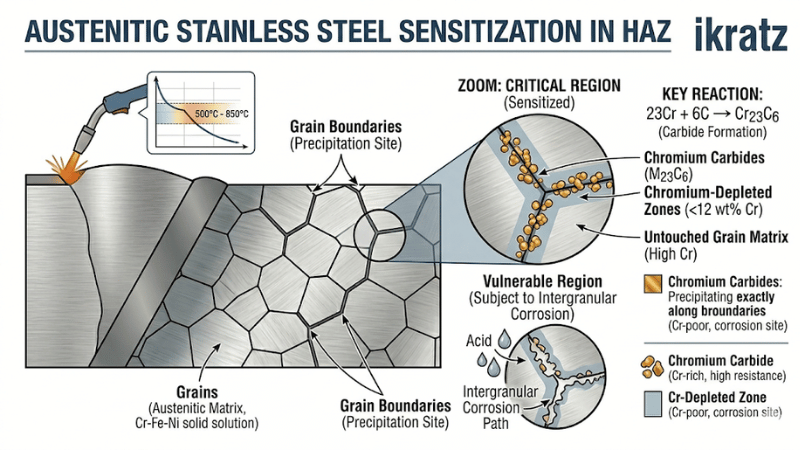 Diagram showing chromium carbide precipitation and chromium-depleted zones in stainless steel HAZ