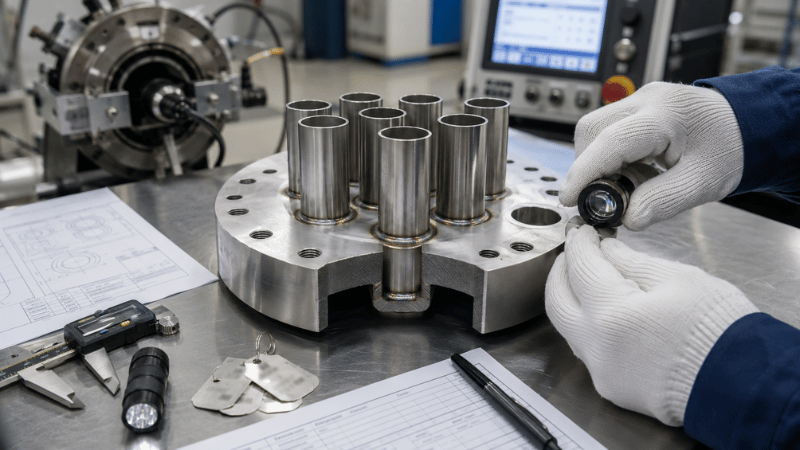 Engineer inspecting orbital tube-to-tubesheet pilot welds and measuring weld consistency