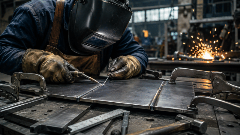 Realistic industrial workshop image featuring a welder preparing steel plates, representing the basic types of welding joints used in fabrication.