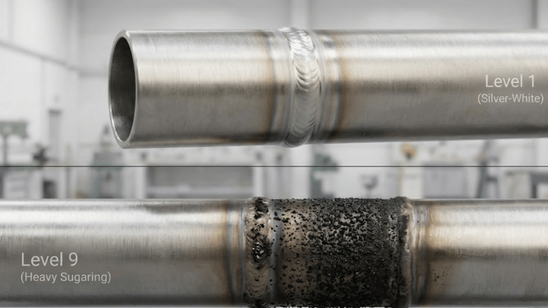 A close-up, split-screen photograph comparing two stainless steel (316L) tube welds, consistent with image_12.png technical quality. The top weld section, Level 1 (Silver-White), illustrates a clean, high-purity orbital fusion weld with proper back purging on stainless steel, showing zero oxidation. The bottom weld section, Level 9 (Heavy Sugaring), shows a failed weld on a similar tube without any back purge, displaying severe, dark black granulated oxidation and sugaring. The macro lighting emphasizes the difference in weld purity and internal bead profile.