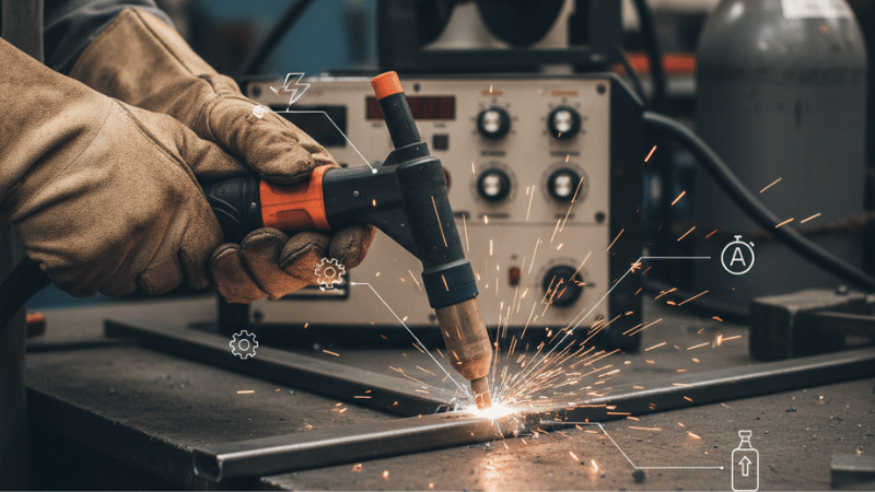 Close-up of MIG welding showing amperage vs voltage welding, wire feeder, and shielding gas flow rate controls in a real shop environment.