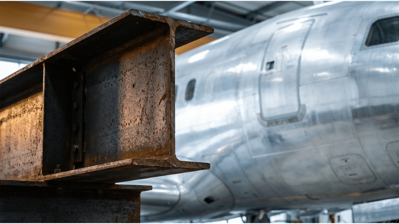 Industrial photo contrasting a heavy steel beam for construction against a sleek aluminum aircraft fuselage.