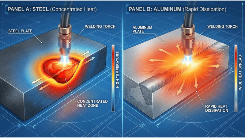 3D illustration comparing the focused heat zone on steel versus the wide heat dissipation on an aluminum plate during welding.